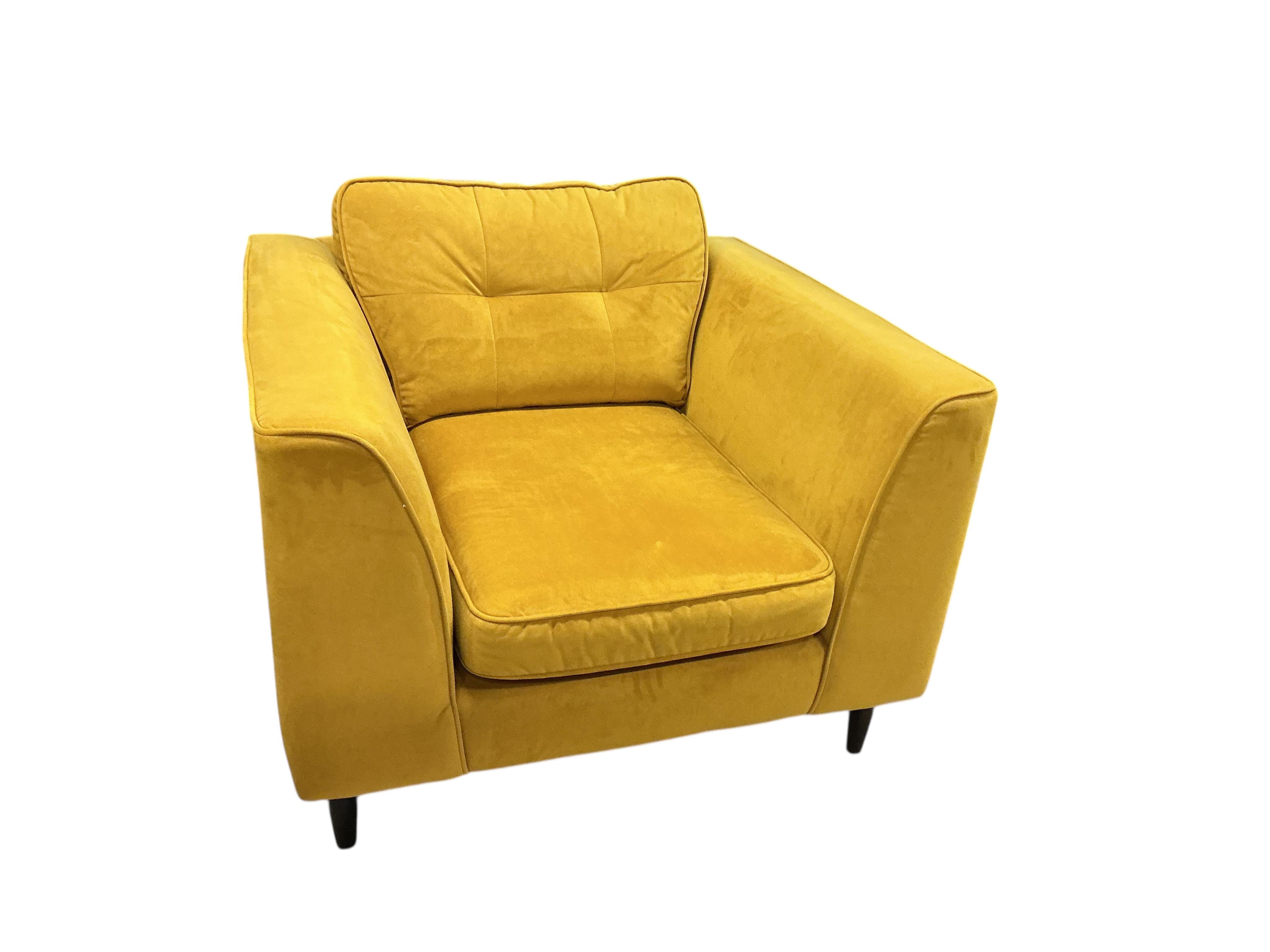 A pair of contemporary OKA mustard velvet lounge chairs, width 104cm, depth 96cm, height 78cm